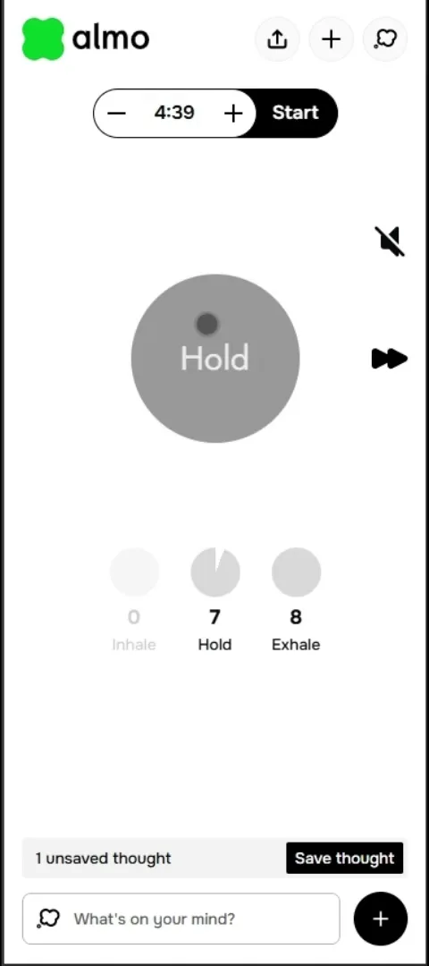 Almo mid-session: the Inhale ring filling, with a thought saved below